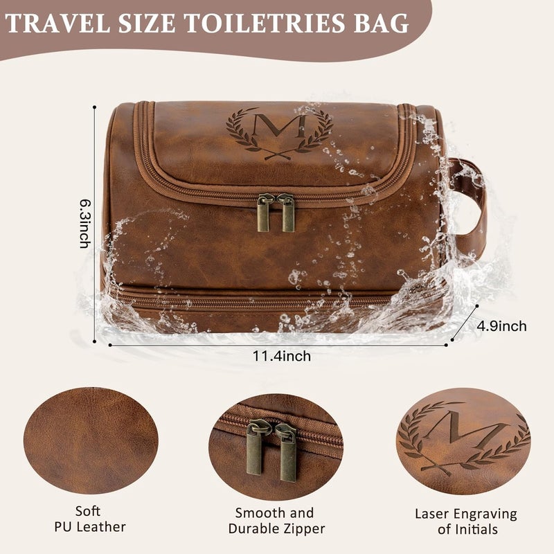 Aganmi Personalized Christmas Birthday Gifts Toiletry Bag for Men Dad Husband, Custom Initial PU Leather Waterproof Toiletry Organizer Dopp Kit Shaving Bag Travel Essential for Men, Light Brown J - Image 3